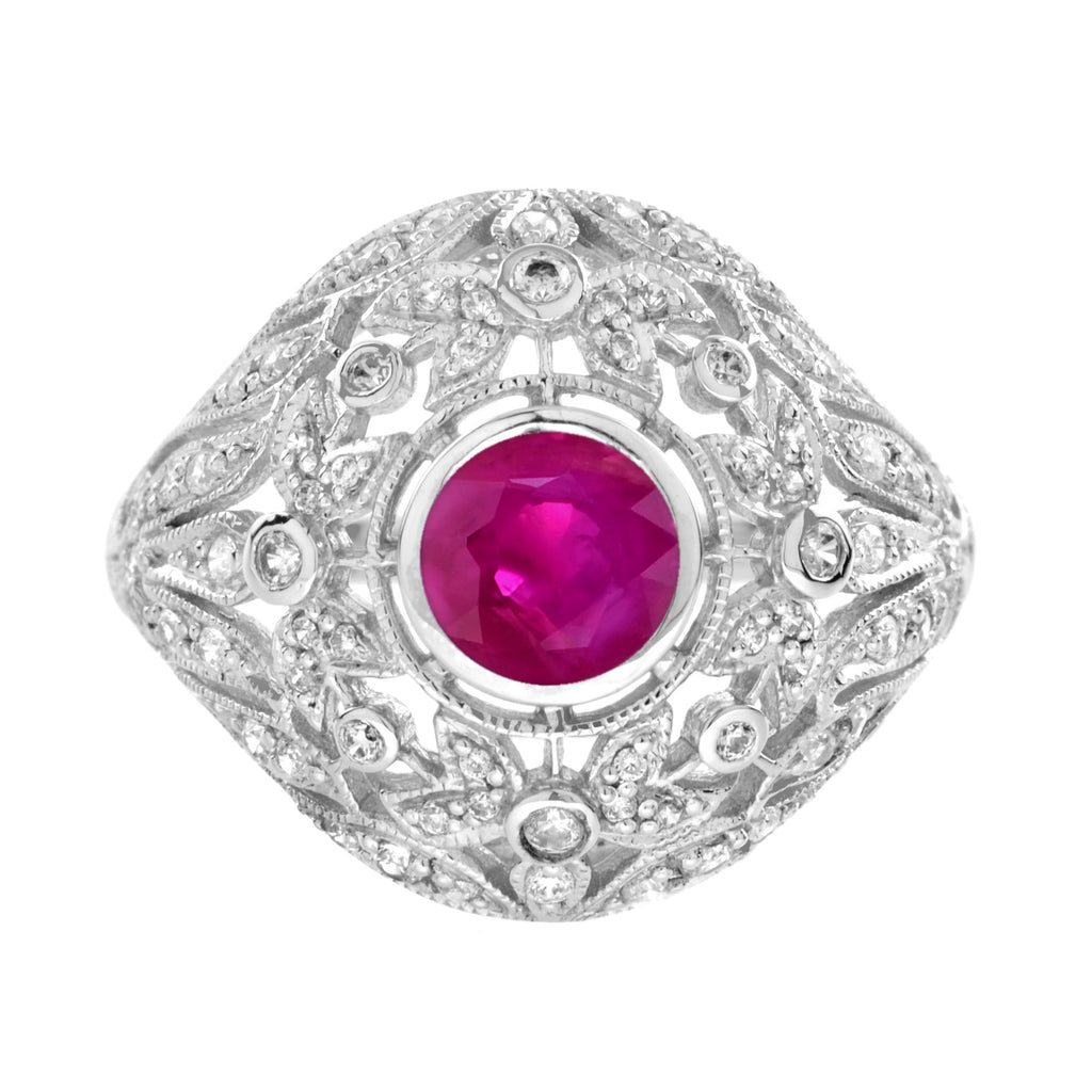 Red Pink Ruby & Diamonds Floral Dome Edwardian Engagement 14K White Gold Ring
