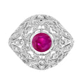 Red Pink Ruby & Diamonds Floral Dome Edwardian Engagement 14K White Gold Ring