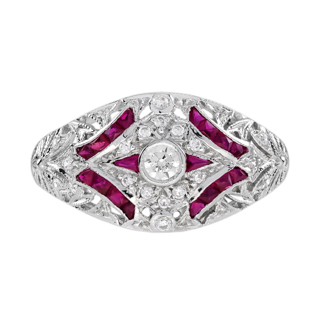 Diamond & Ruby Vintage Inspired Edwardian Style Openwork Dome White Gold Ring