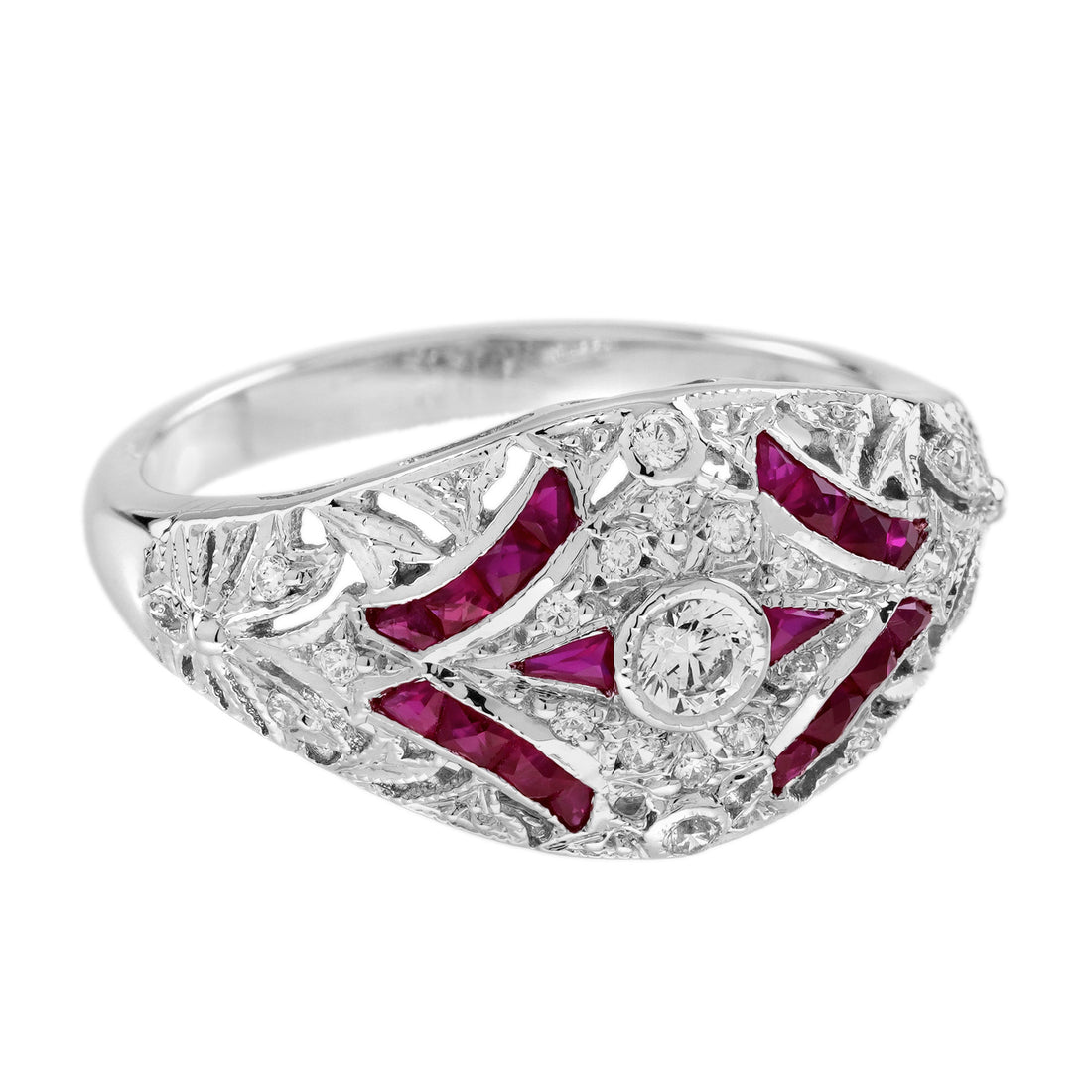 Diamond &amp; Ruby Vintage Inspired Edwardian Style Openwork Dome White Gold Ring