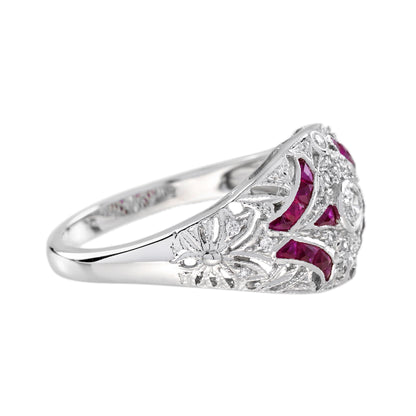 Diamond &amp; Ruby Vintage Inspired Edwardian Style Openwork Dome White Gold Ring