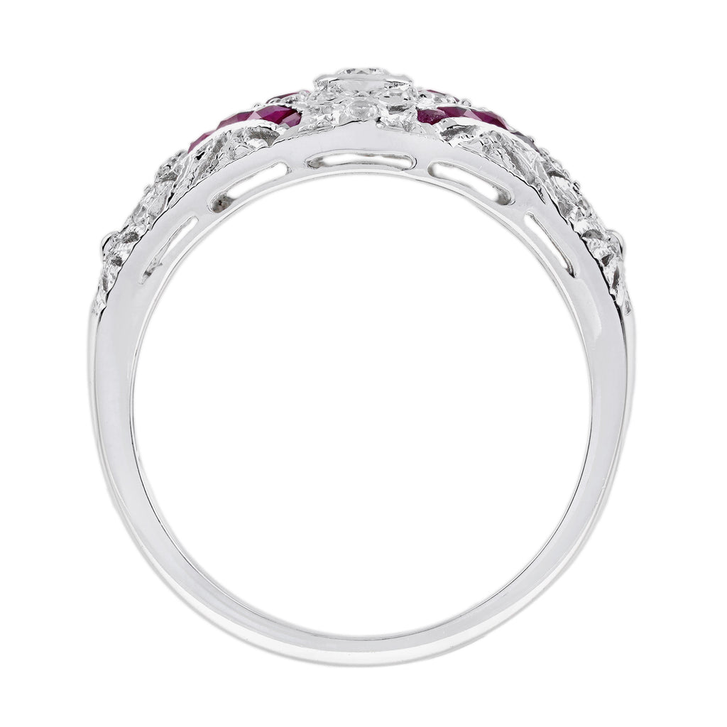Diamond & Ruby Vintage Inspired Edwardian Style Openwork Dome White Gold Ring