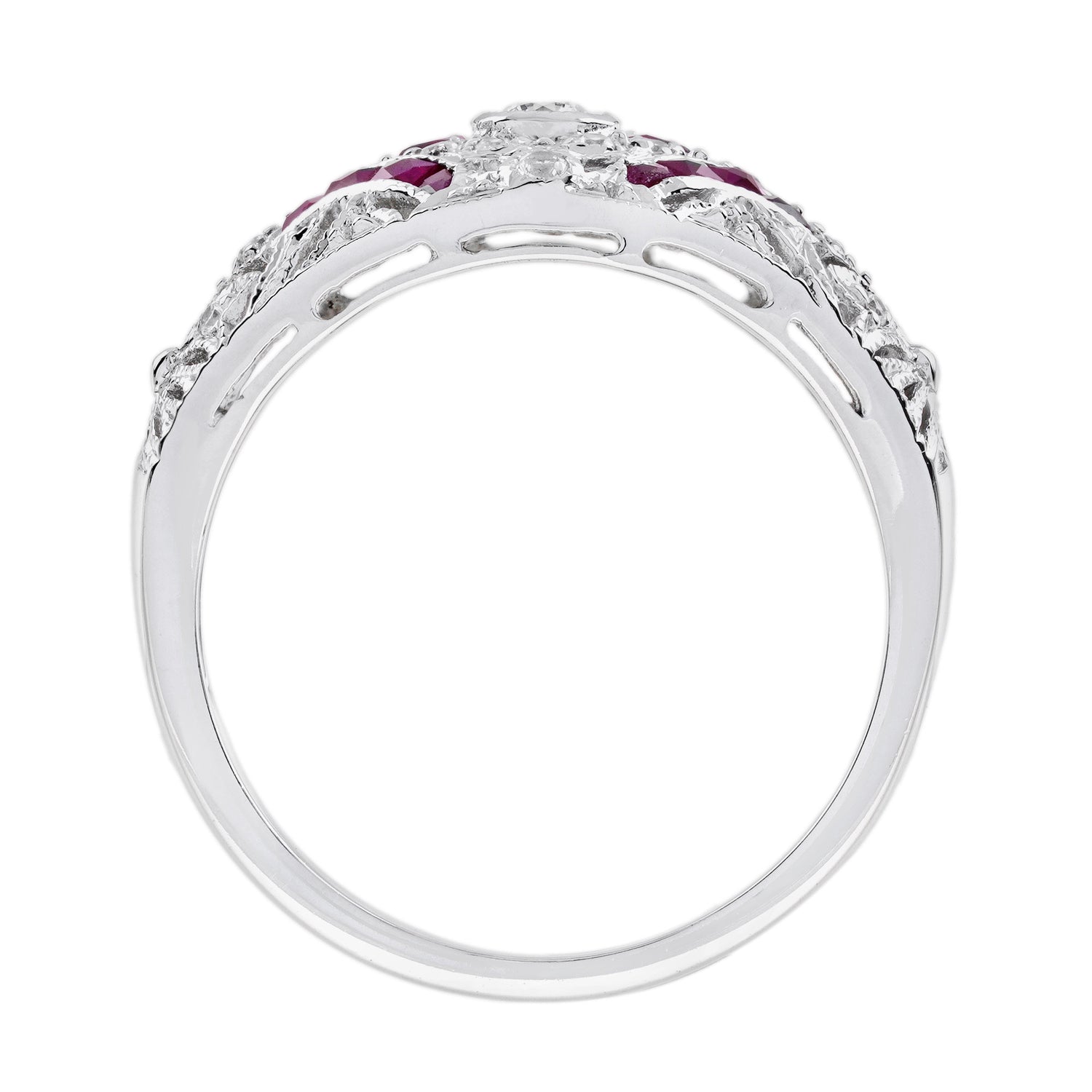 Diamond &amp; Ruby Vintage Inspired Edwardian Style Openwork Dome White Gold Ring