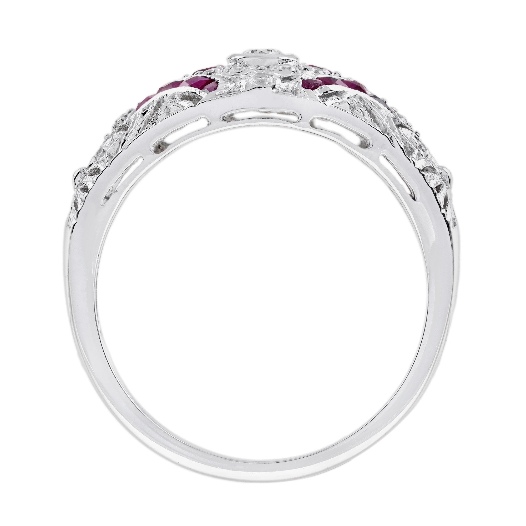 Diamond &amp; Ruby Vintage Inspired Edwardian Style Openwork Dome White Gold Ring