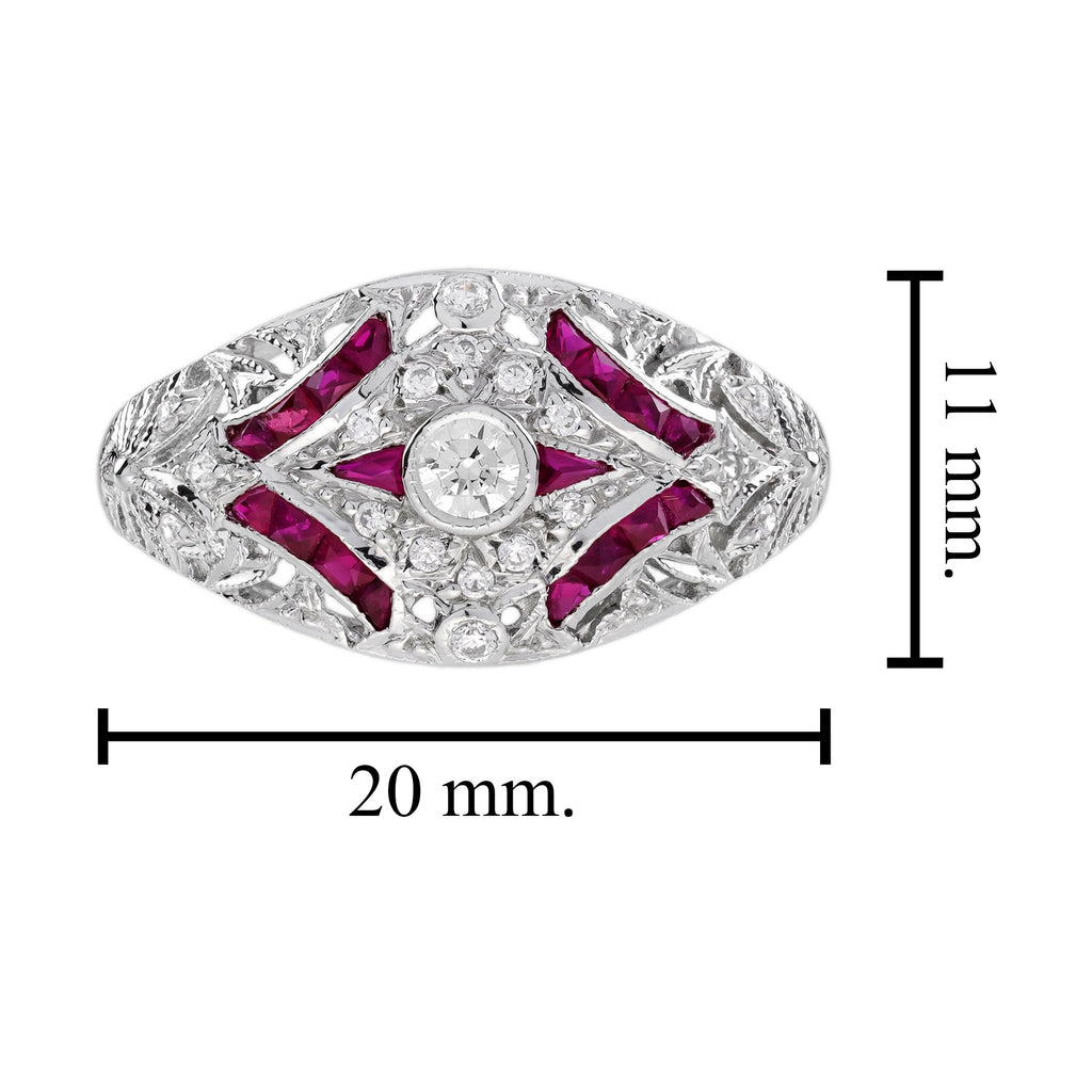 Diamond & Ruby Vintage Inspired Edwardian Style Openwork Dome White Gold Ring
