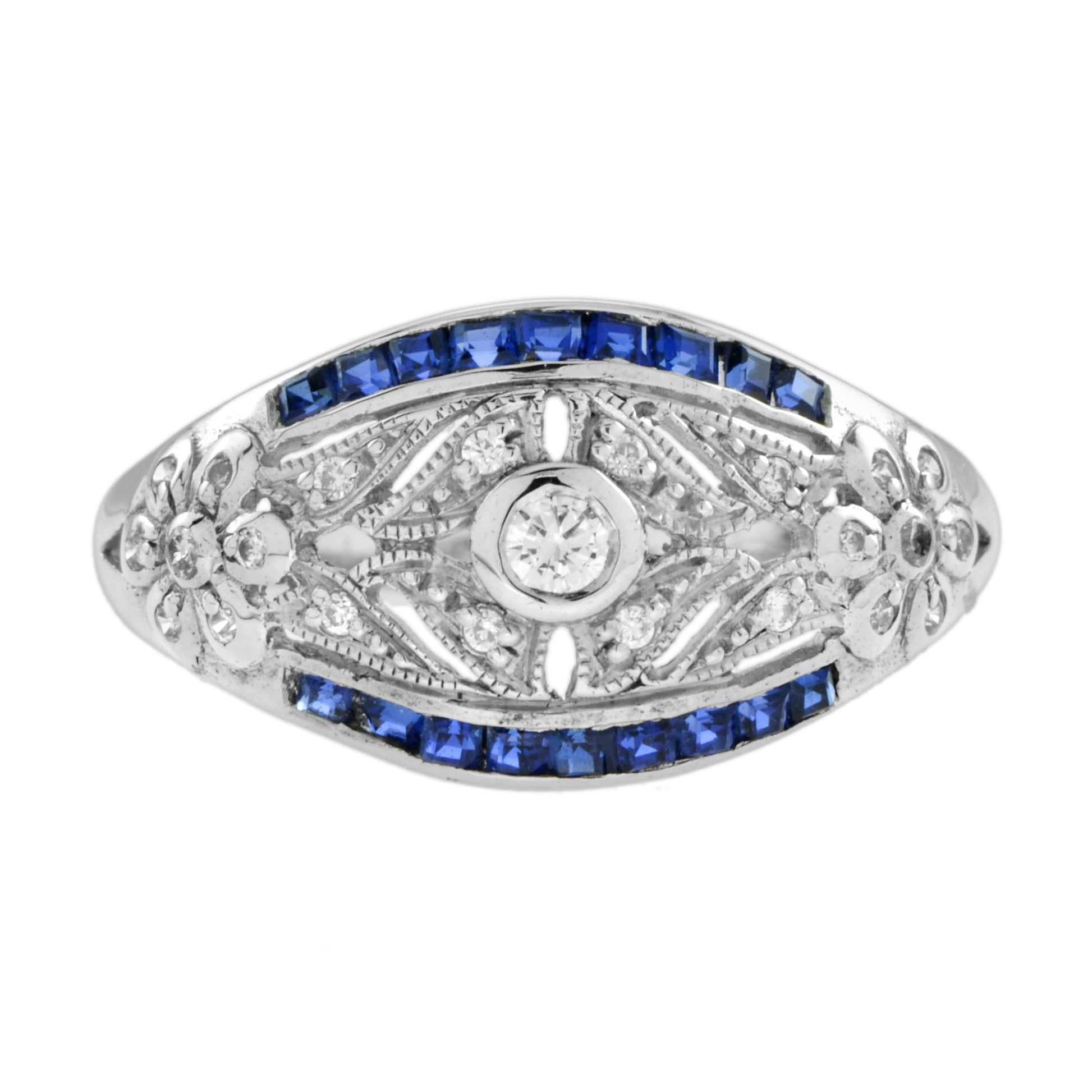 Art Deco Style Diamond & Blue Sapphire 14K White Gold Dome Ring