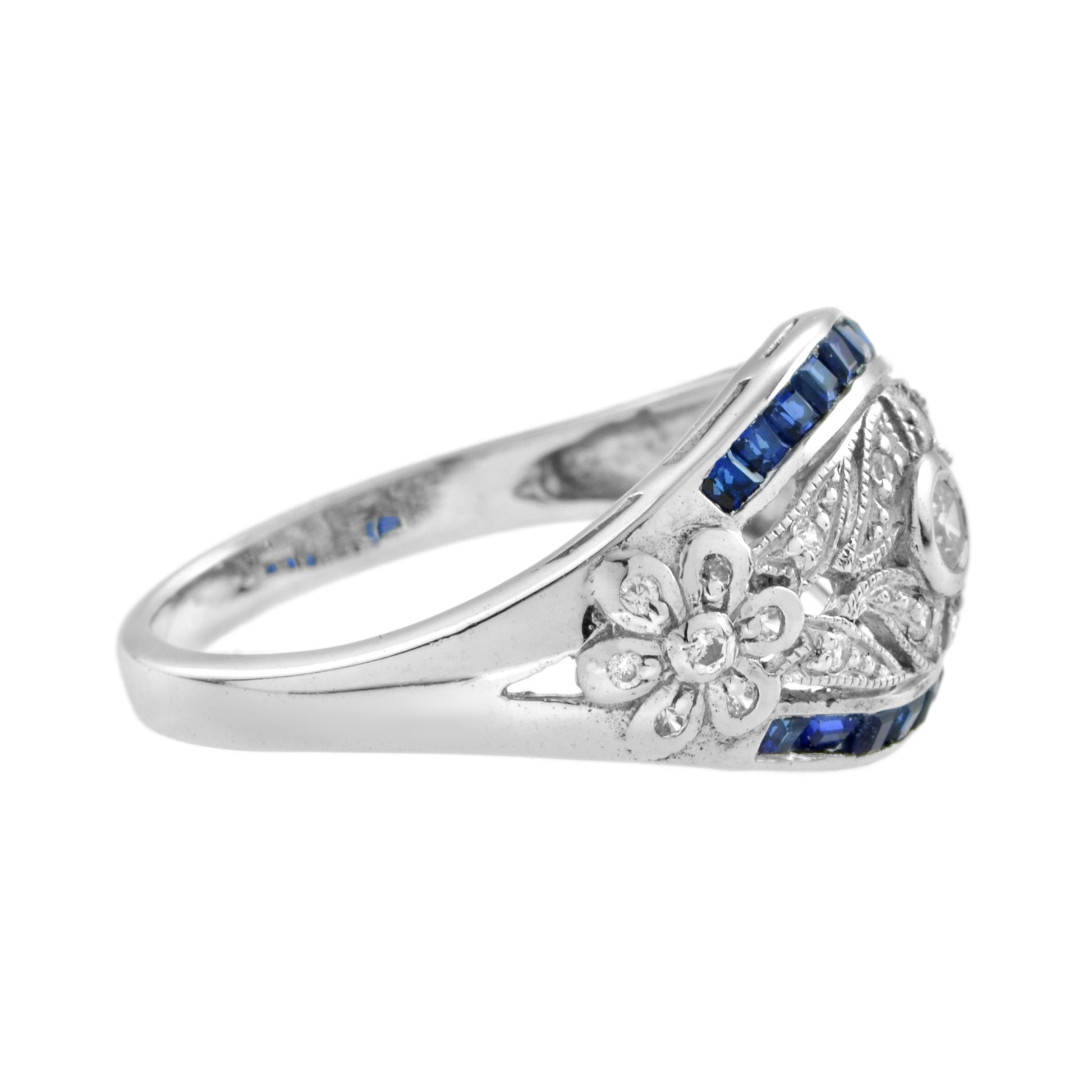 Art Deco Style Diamond & Blue Sapphire 14K White Gold Dome Ring