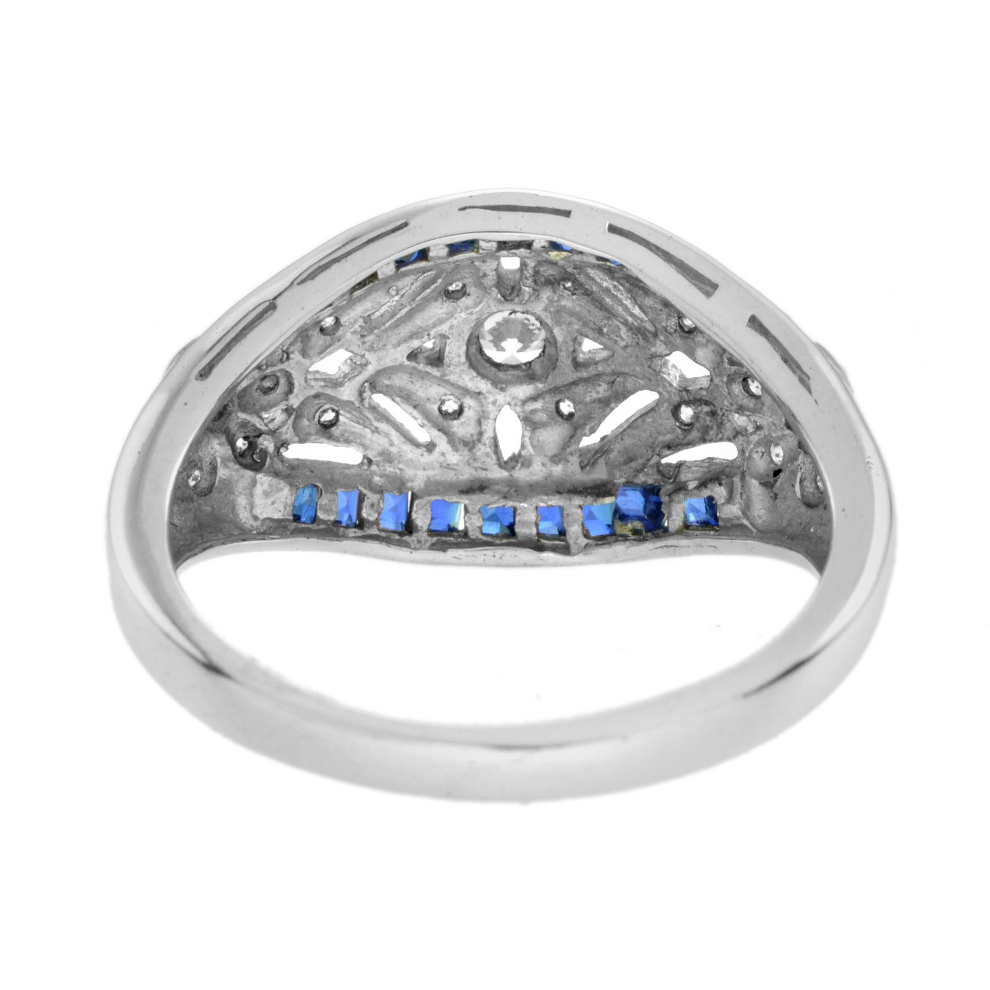 Art Deco Style Diamond & Blue Sapphire 14K White Gold Dome Ring