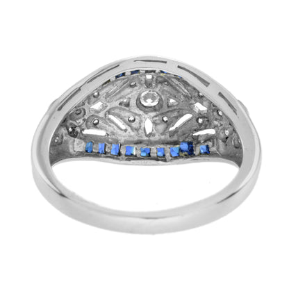 Art Deco Style Diamond & Blue Sapphire 14K White Gold Dome Ring