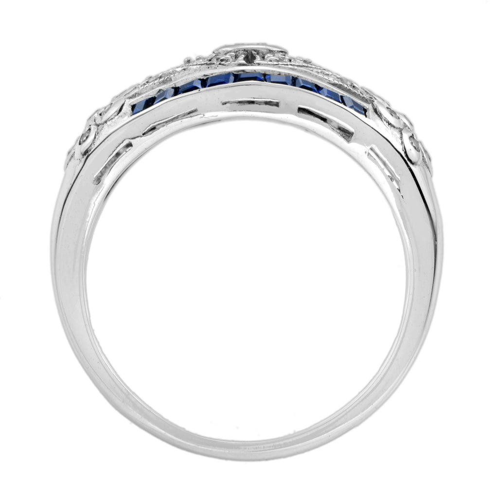Art Deco Style Diamond & Blue Sapphire 14K White Gold Dome Ring