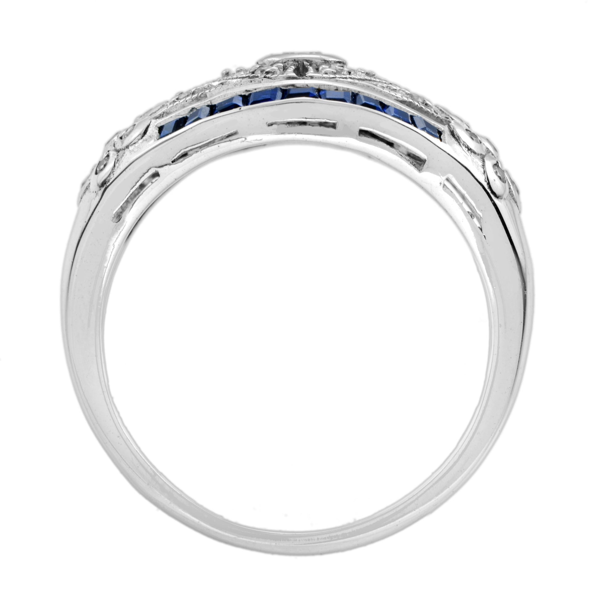 Art Deco Style Diamond & Blue Sapphire 14K White Gold Dome Ring