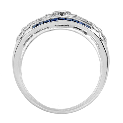 Art Deco Style Diamond & Blue Sapphire 14K White Gold Dome Ring
