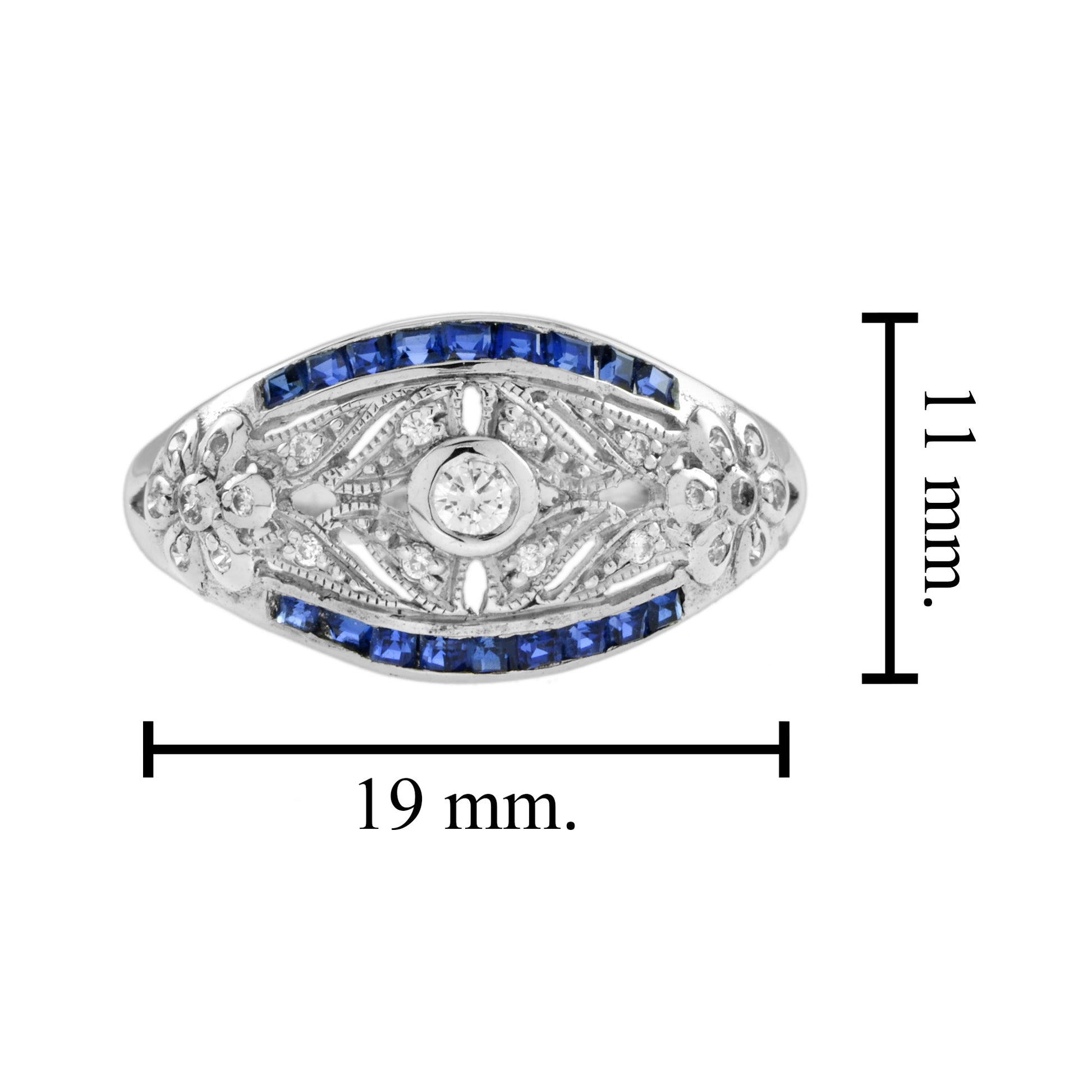 Art Deco Style Diamond & Blue Sapphire 14K White Gold Dome Ring