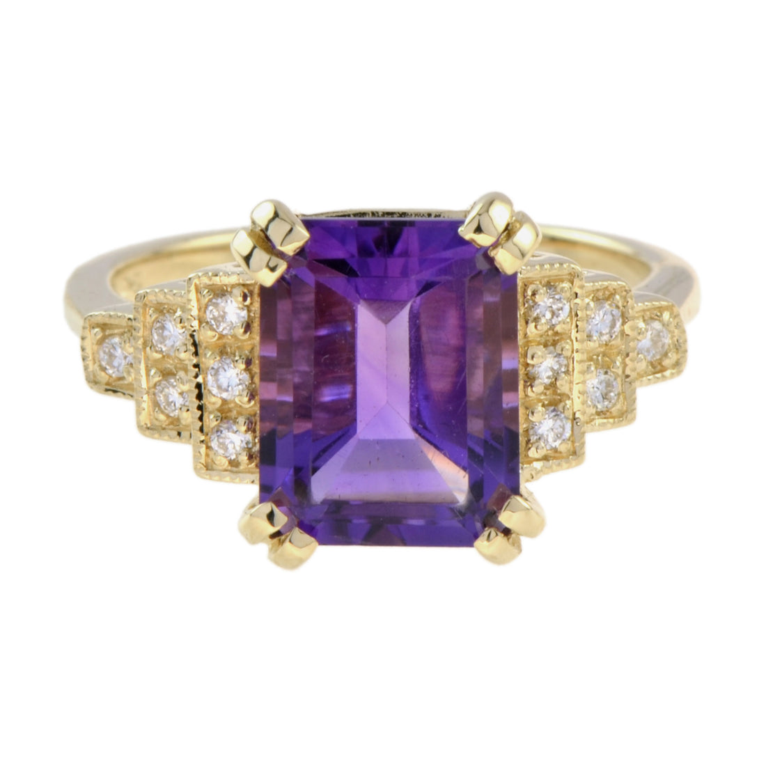 Rectangle Emerald Cut Purple Violet Amethyst & Diamond Step 14K Yellow Gold Ring
