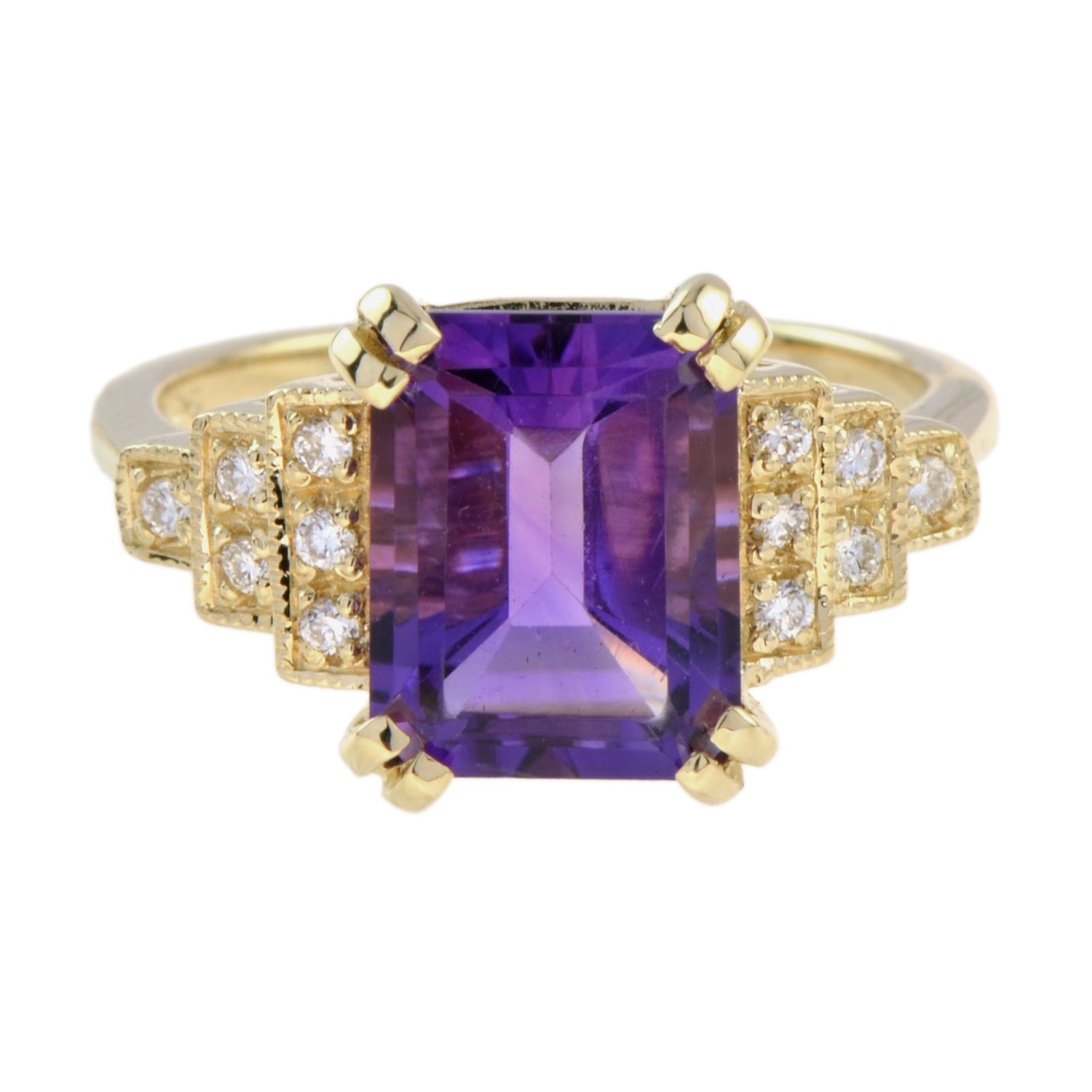 Rectangle Emerald Cut Purple Violet Amethyst &amp; Diamond Step 14K Yellow Gold Ring