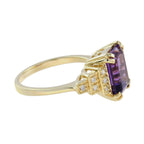 Rectangle Emerald Cut Purple Violet Amethyst & Diamond Step 14K Yellow Gold Ring