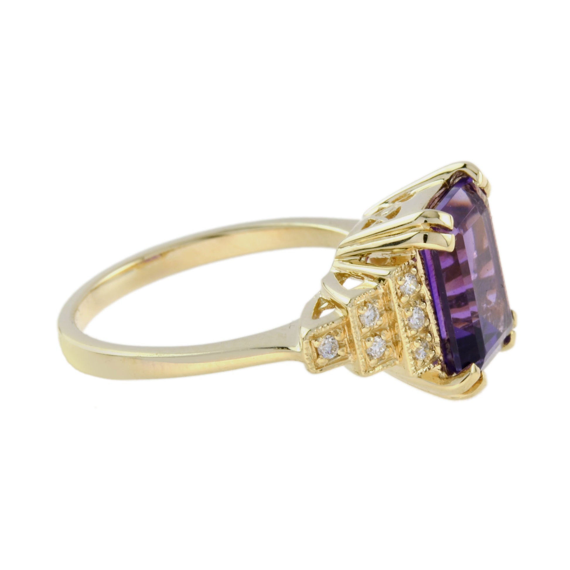 Rectangle Emerald Cut Purple Violet Amethyst & Diamond Step 14K Yellow Gold Ring