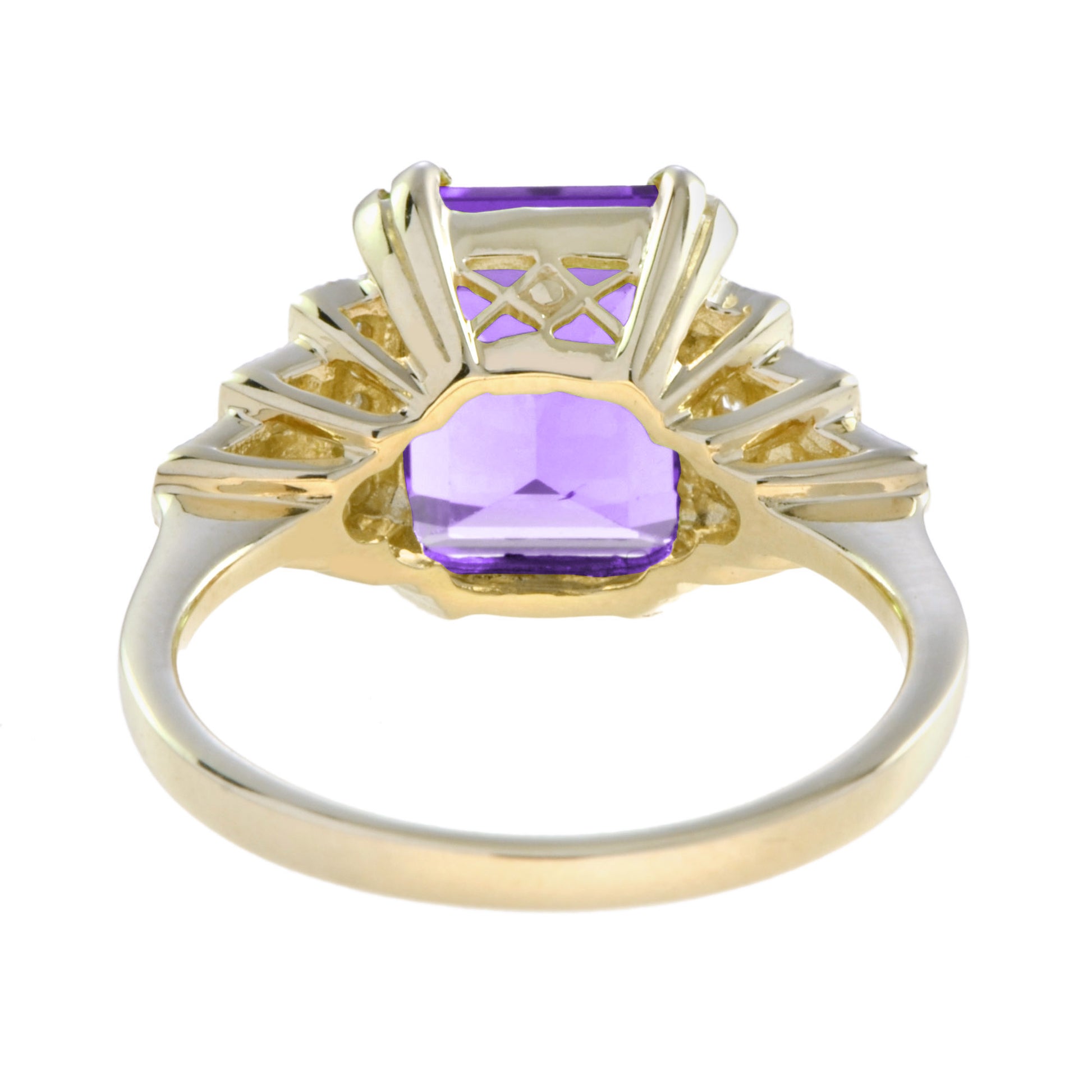 Rectangle Emerald Cut Purple Violet Amethyst & Diamond Step 14K Yellow Gold Ring