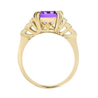Rectangle Emerald Cut Purple Violet Amethyst & Diamond Step 14K Yellow Gold Ring