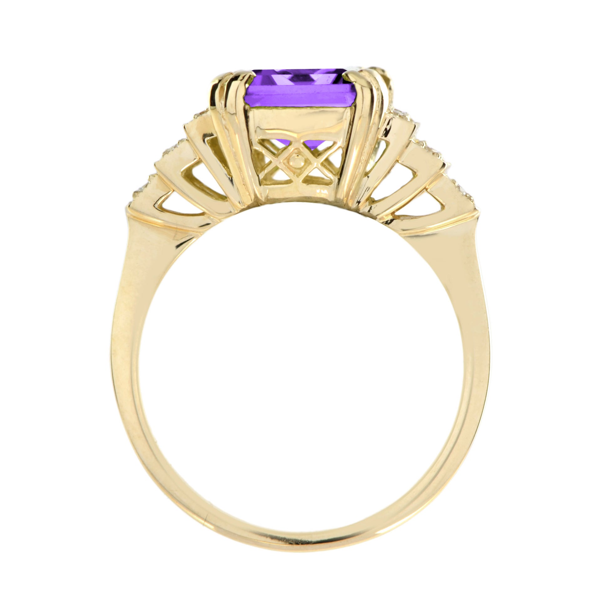 Rectangle Emerald Cut Purple Violet Amethyst & Diamond Step 14K Yellow Gold Ring