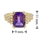Rectangle Emerald Cut Purple Violet Amethyst & Diamond Step 14K Yellow Gold Ring