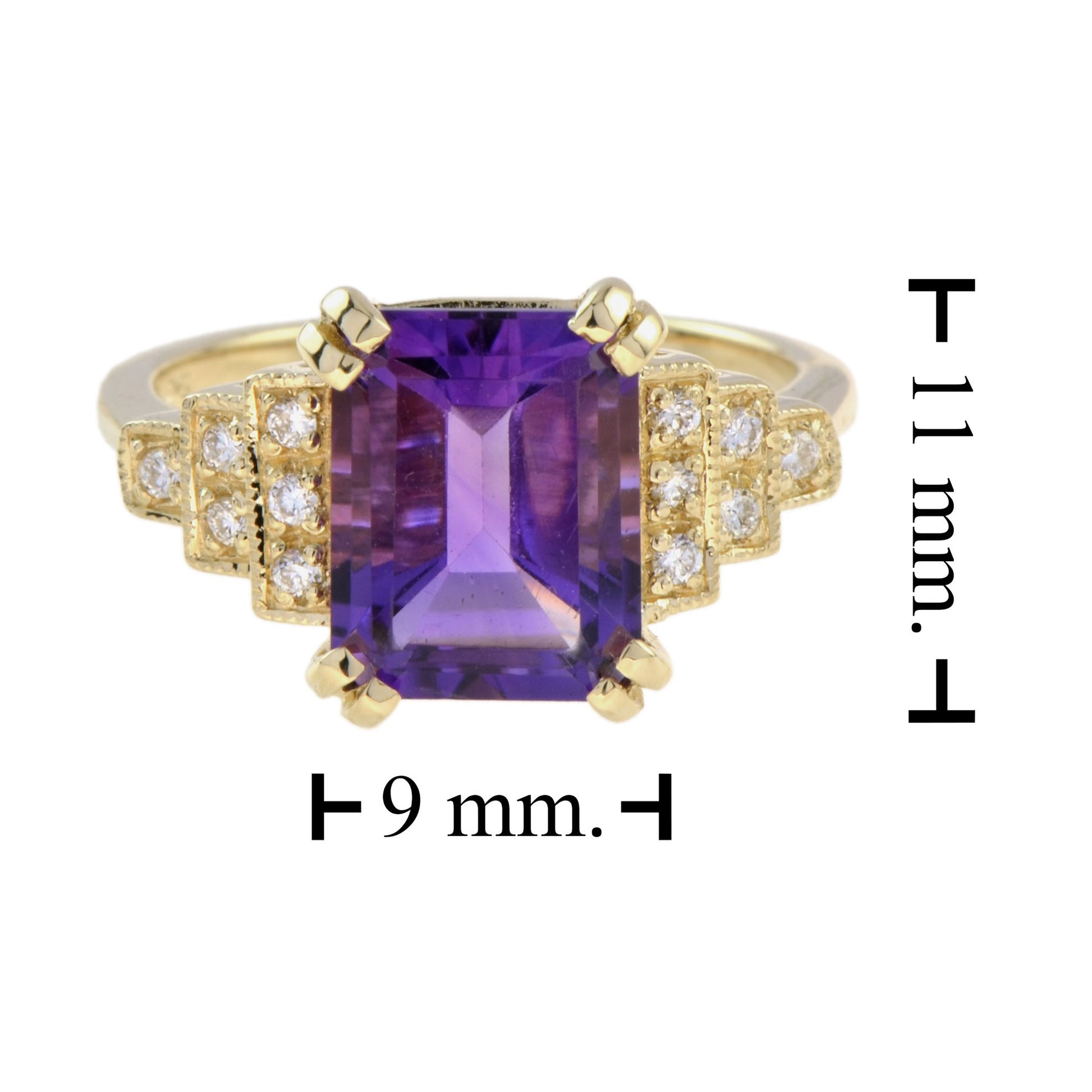 Rectangle Emerald Cut Purple Violet Amethyst & Diamond Step 14K Yellow Gold Ring