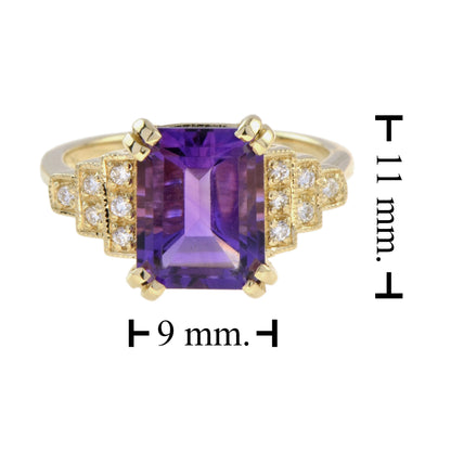 Rectangle Emerald Cut Purple Violet Amethyst & Diamond Step 14K Yellow Gold Ring