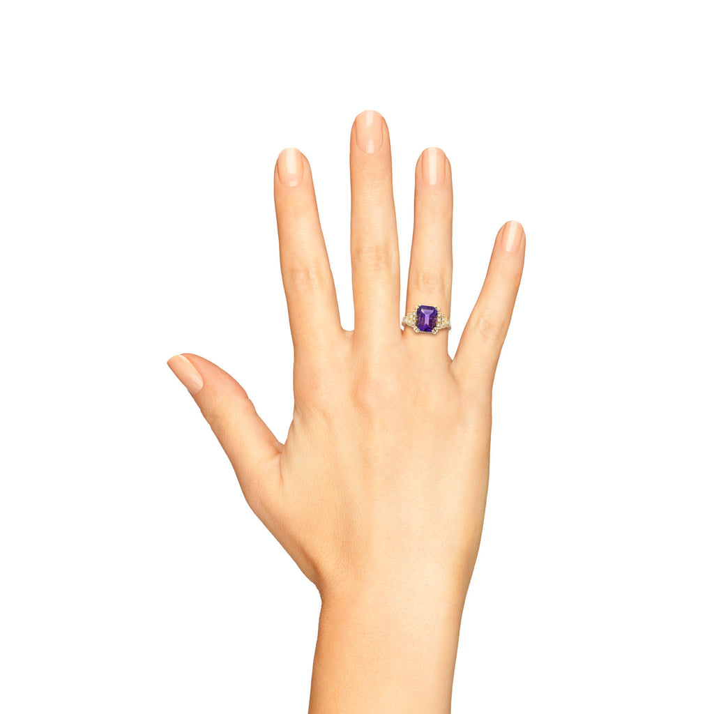 Rectangle Emerald Cut Purple Violet Amethyst & Diamond Step 14K Yellow Gold Ring