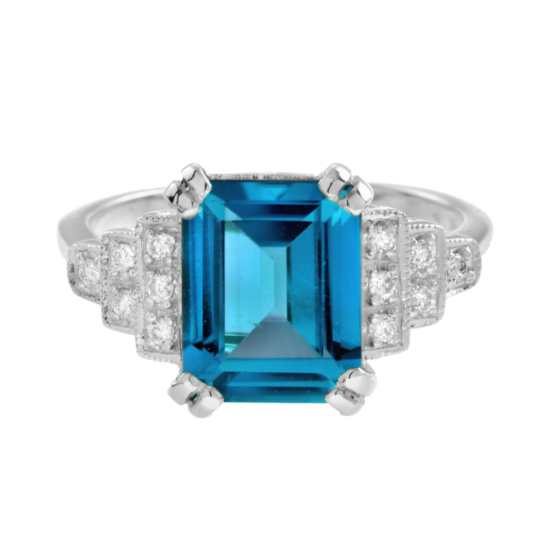 Emerald Cut London Blue Topaz & Step Diamond Engagement 14K White Gold Ring