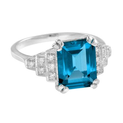Emerald Cut London Blue Topaz &amp; Step Diamond Engagement 14K White Gold Ring