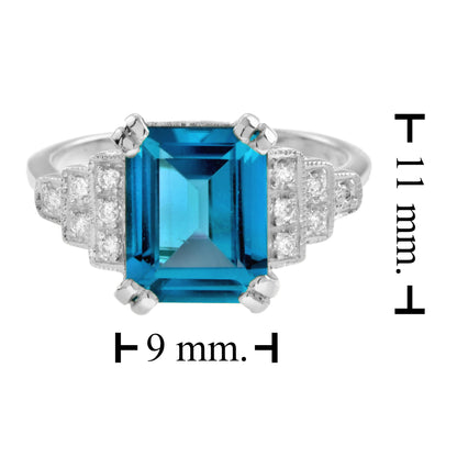 Emerald Cut London Blue Topaz &amp; Step Diamond Engagement 14K White Gold Ring