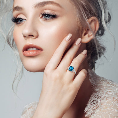 Emerald Cut London Blue Topaz &amp; Step Diamond Engagement 14K White Gold Ring