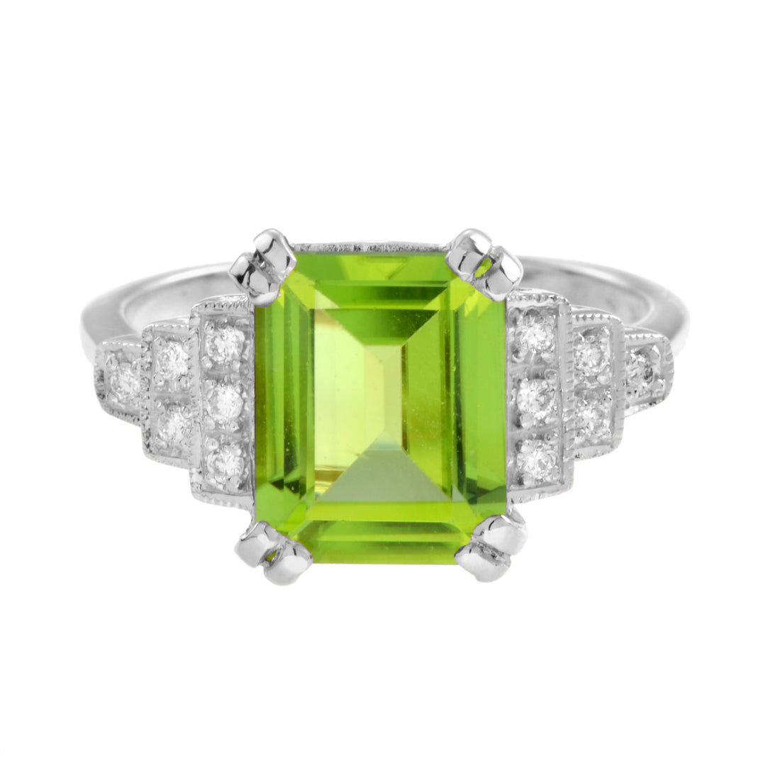 Rectangle Emerald Cut Green Peridot & Steps Diamond Filigree 14K White Gold Ring