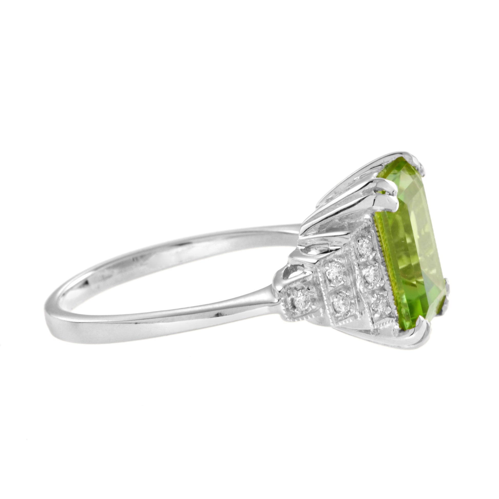Rectangle Emerald Cut Green Peridot & Steps Diamond Filigree 14K White Gold Ring