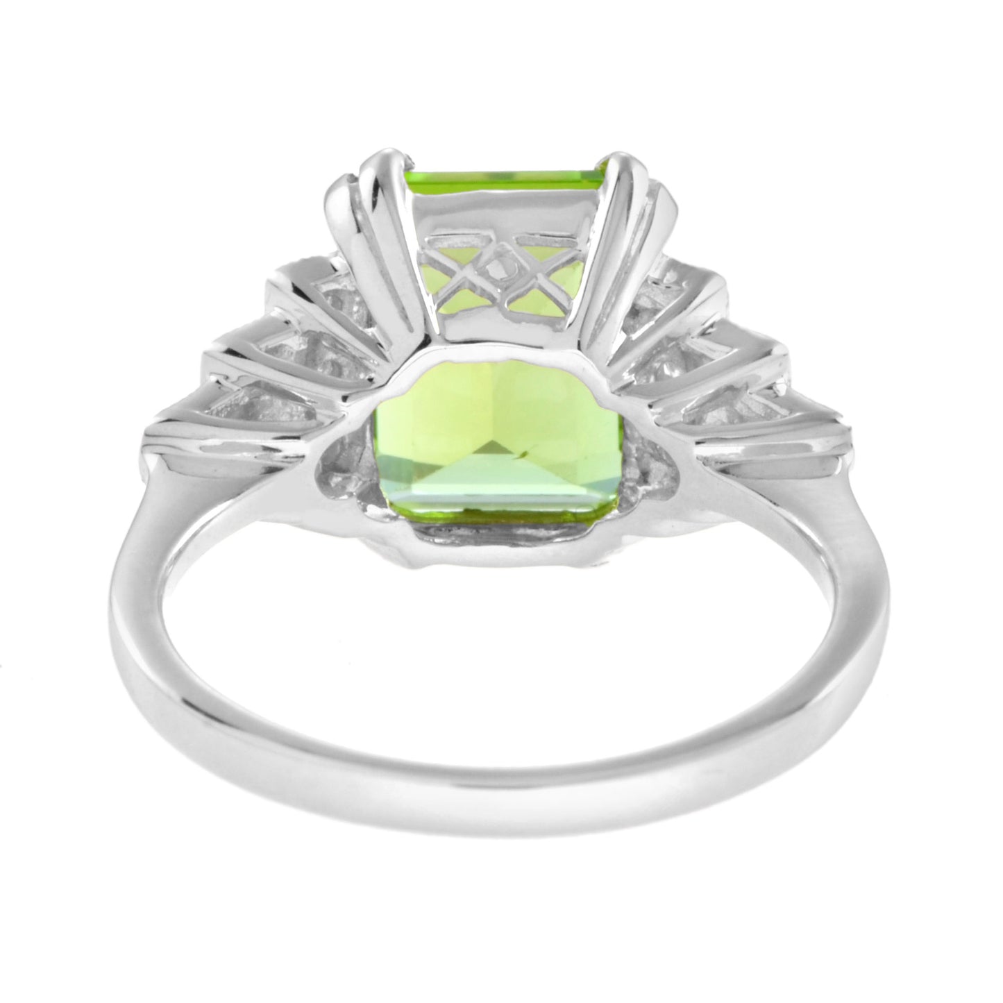 rectangle emerald cut green peridot & steps diamond filigree 14k white gold ring