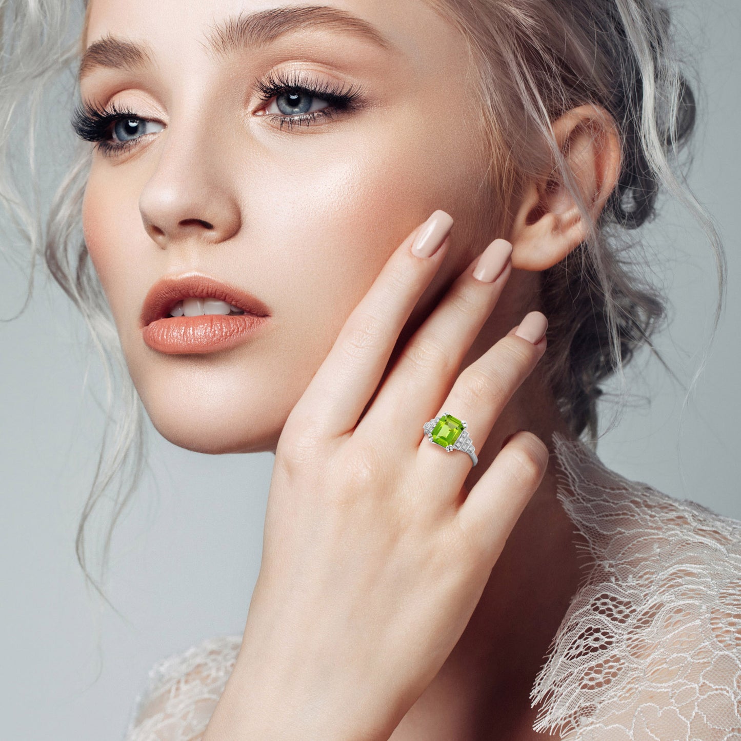 rectangle emerald cut green peridot & steps diamond filigree 14k white gold ring