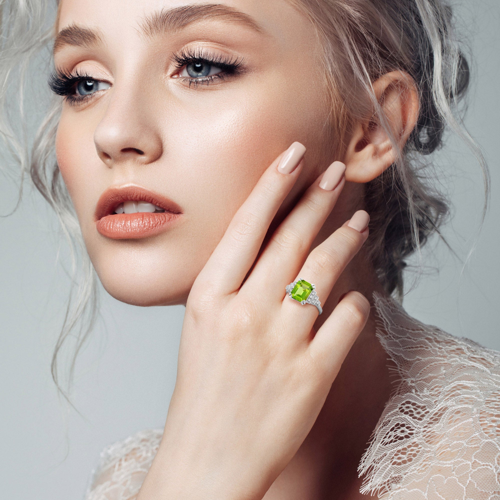 Rectangle Emerald Cut Green Peridot &amp; Steps Diamond Filigree 14K White Gold Ring