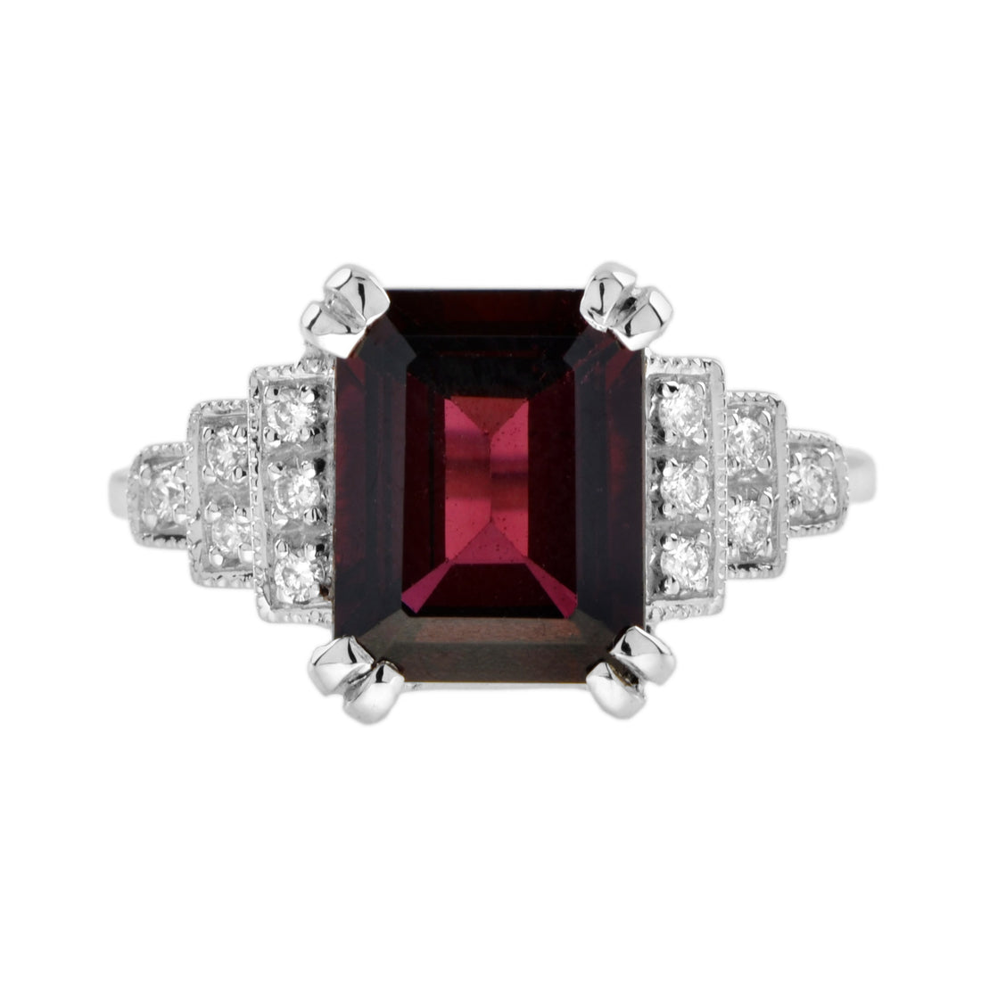 Rectangle Emerald Cut Red Rhodolite &amp; Diamond Step Shoulder 14K White Gold Ring