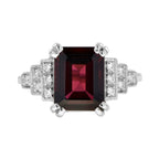 Rectangle Emerald Cut Red Rhodolite & Diamond Step Shoulder 14K White Gold Ring
