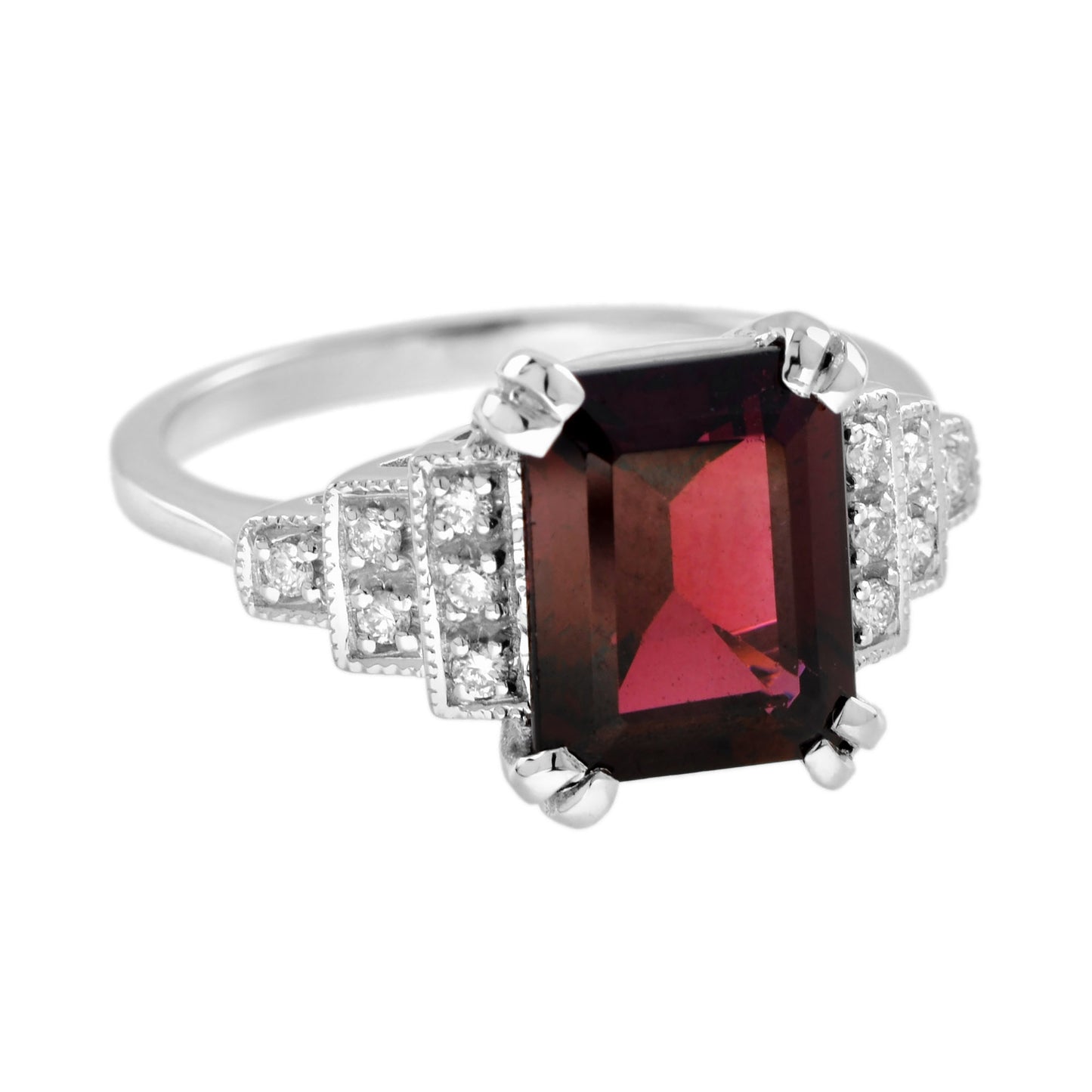 rectangle emerald cut red rhodolite & diamond step shoulder 14k white gold ring