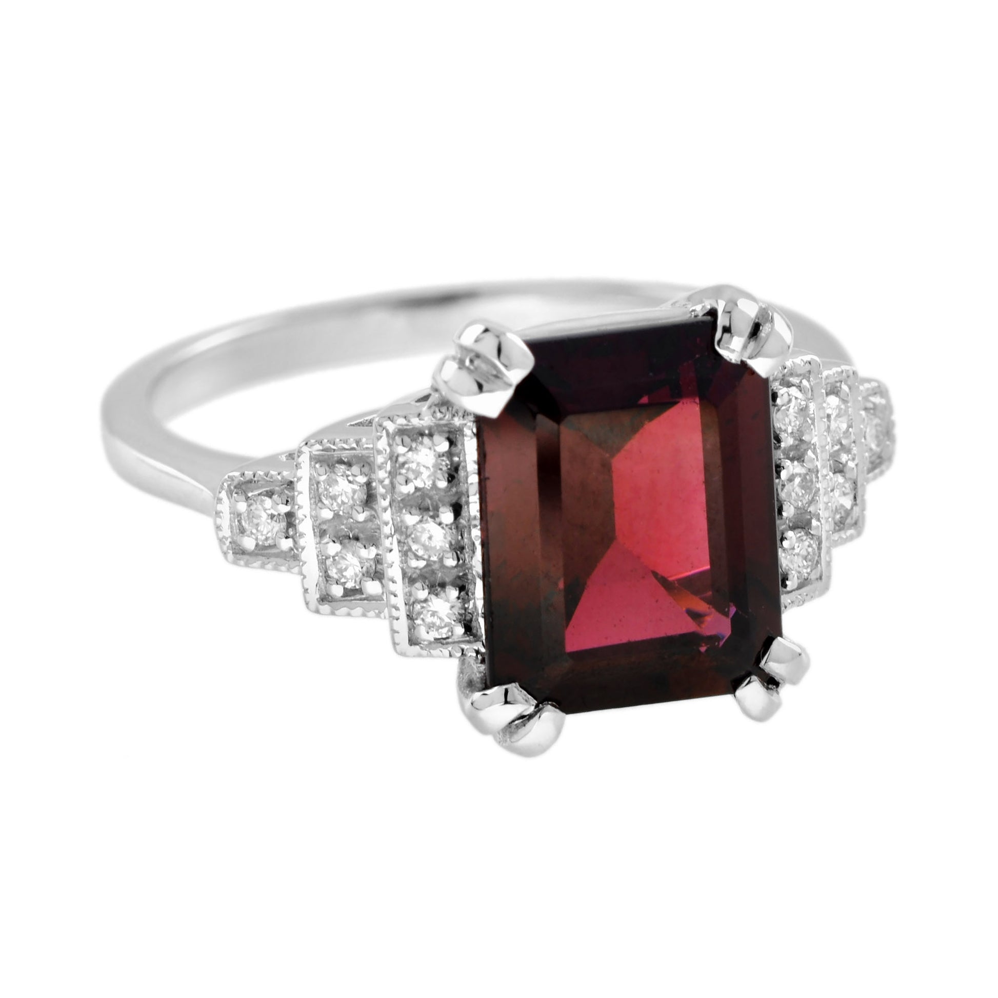 Rectangle Emerald Cut Red Rhodolite & Diamond Step Shoulder 14K White Gold Ring