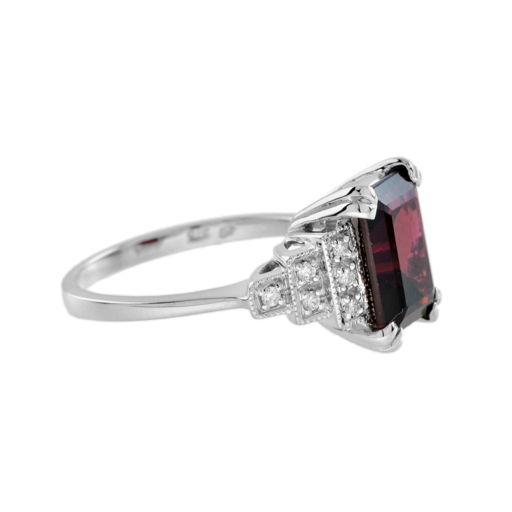 Rectangle Emerald Cut Red Rhodolite & Diamond Step Shoulder 14K White Gold Ring