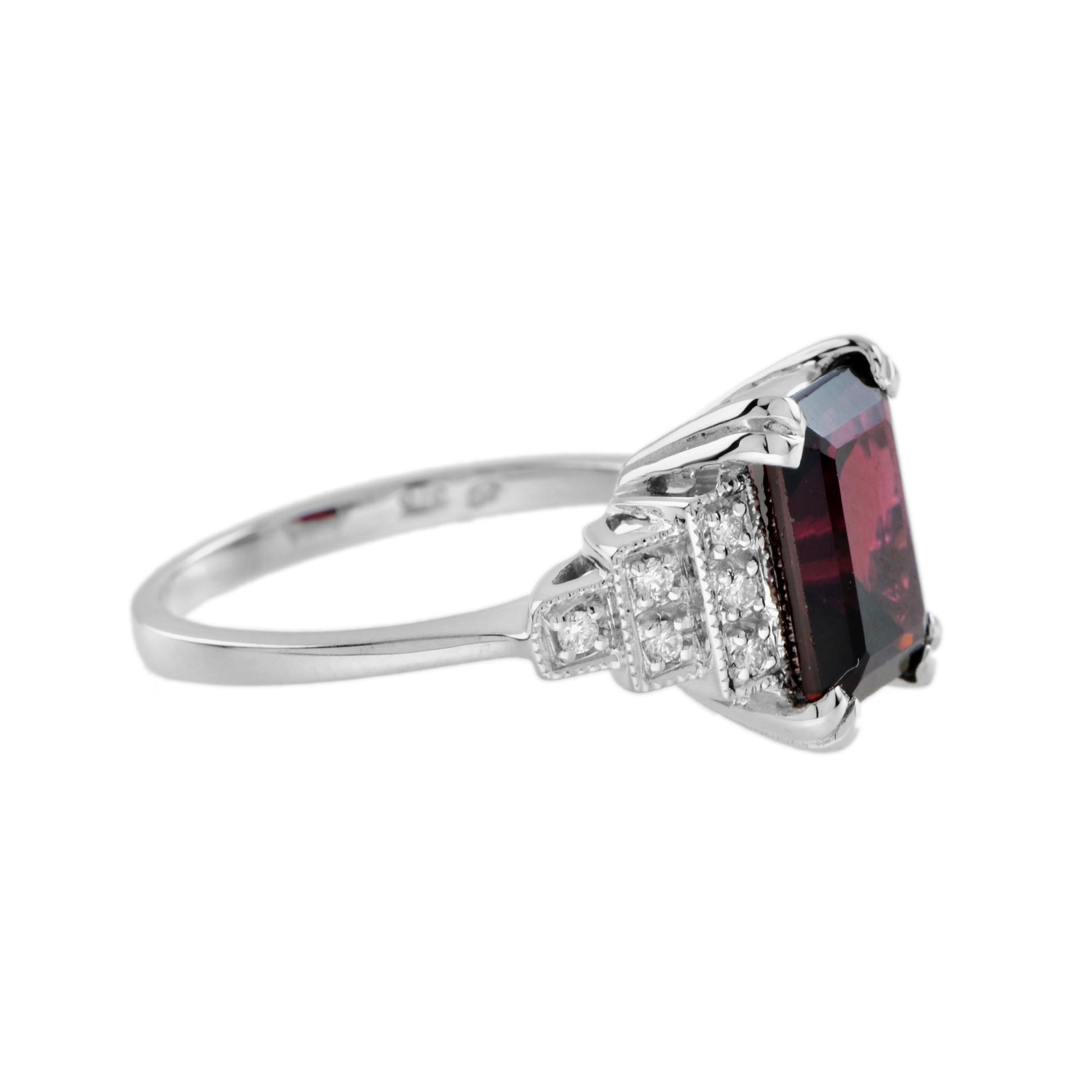 Rectangle Emerald Cut Red Rhodolite & Diamond Step Shoulder 14K White Gold Ring