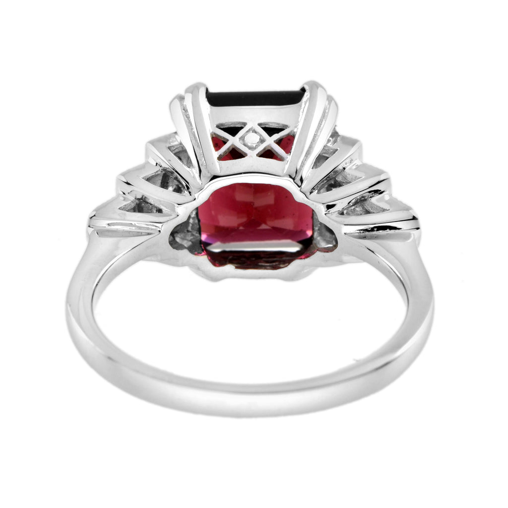 Rectangle Emerald Cut Red Rhodolite & Diamond Step Shoulder 14K White Gold Ring