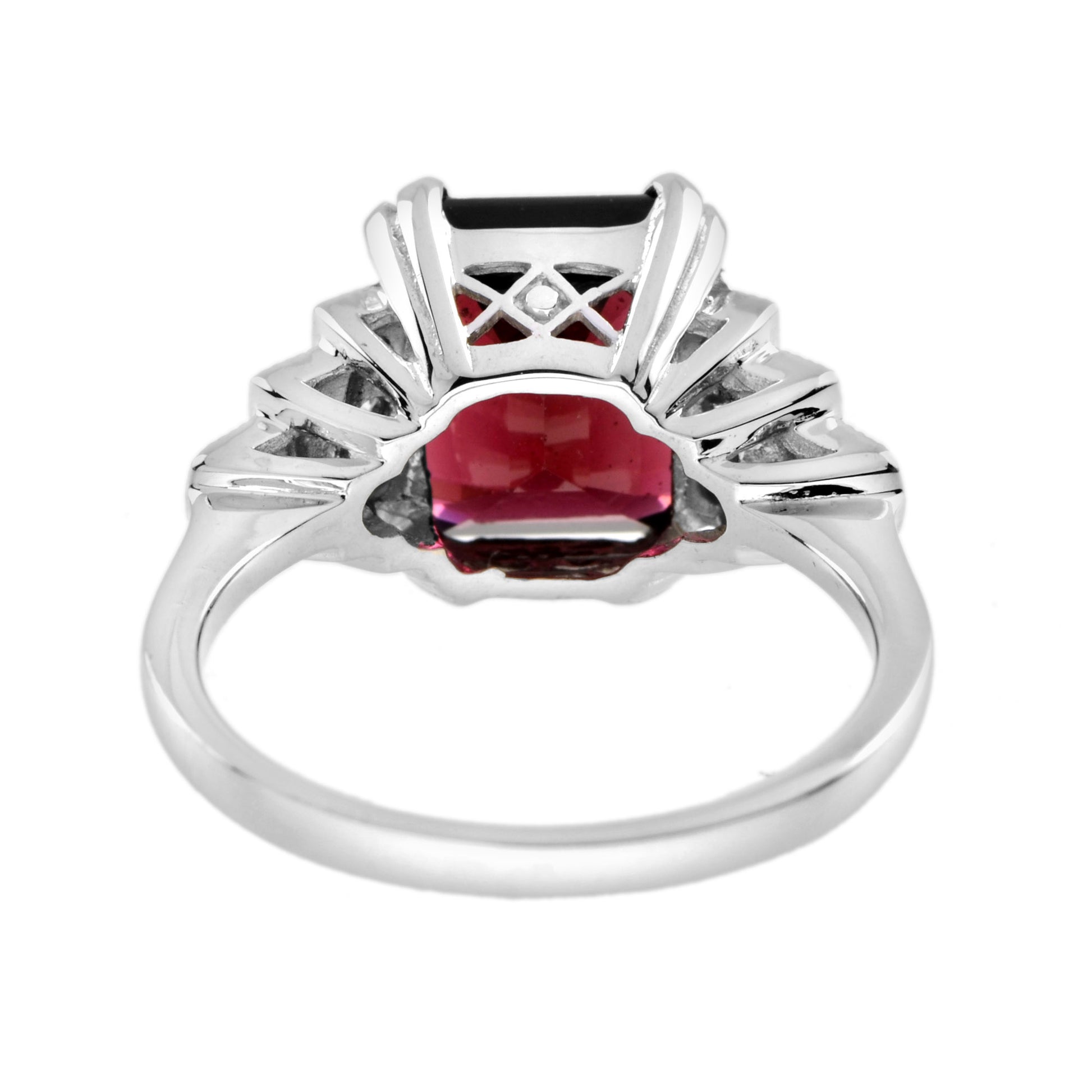Rectangle Emerald Cut Red Rhodolite & Diamond Step Shoulder 14K White Gold Ring