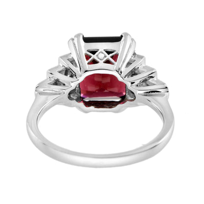 Rectangle Emerald Cut Red Rhodolite & Diamond Step Shoulder 14K White Gold Ring