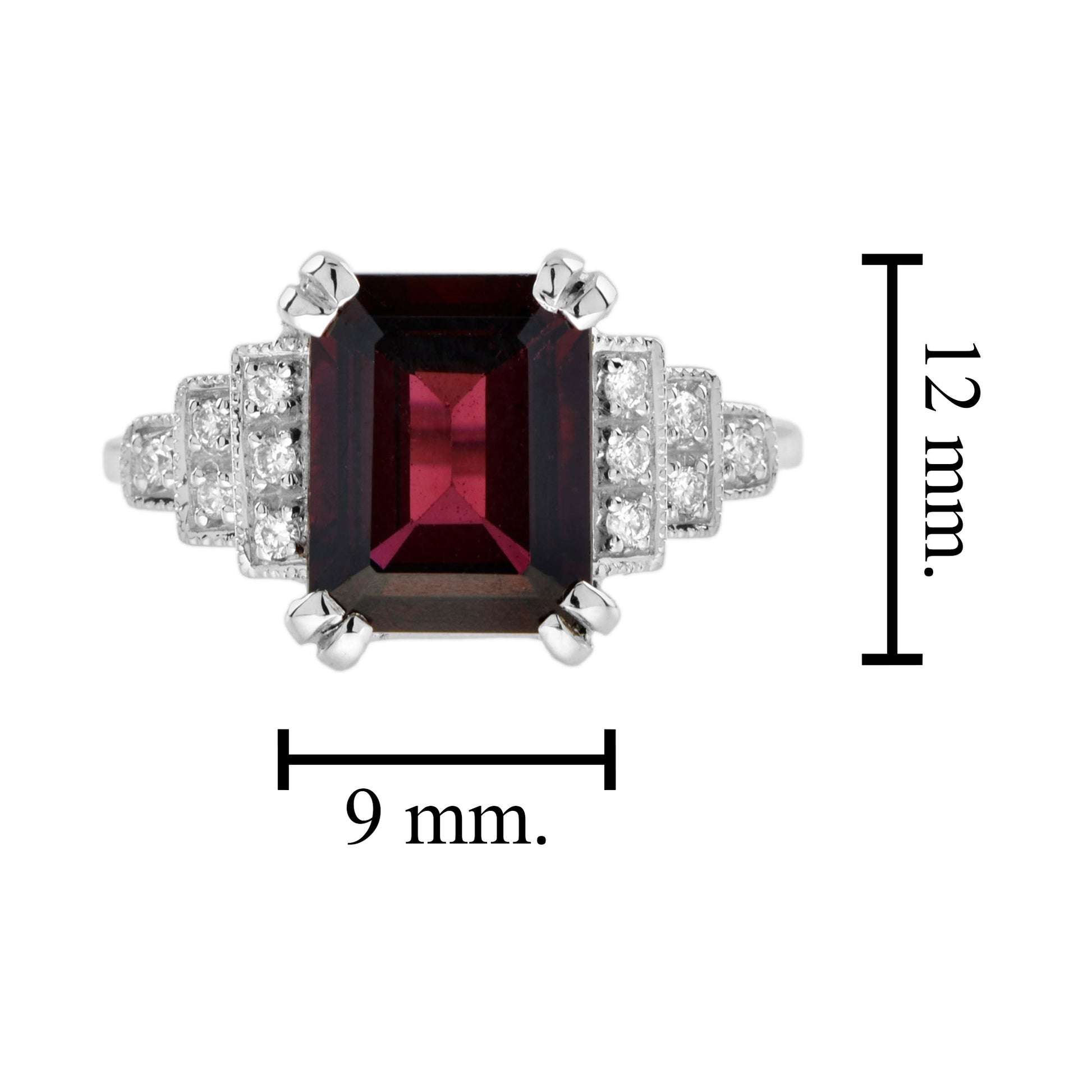 Rectangle Emerald Cut Red Rhodolite & Diamond Step Shoulder 14K White Gold Ring