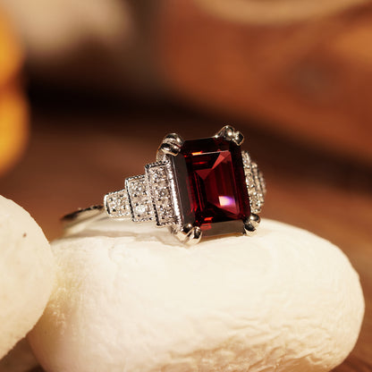 Rectangle Emerald Cut Red Rhodolite & Diamond Step Shoulder 14K White Gold Ring