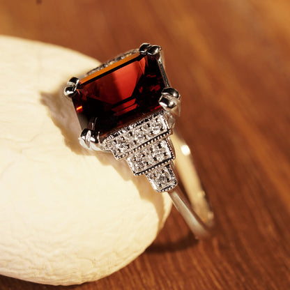 Rectangle Emerald Cut Red Rhodolite & Diamond Step Shoulder 14K White Gold Ring