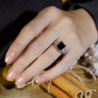 Rectangle Emerald Cut Red Rhodolite & Diamond Step Shoulder 14K White Gold Ring